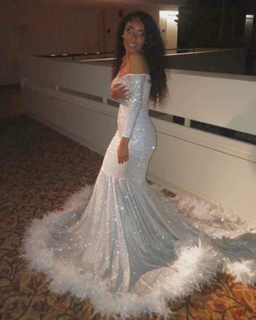 OFF-THE-SHOULDER SEQUINS FUR TRIM COURT TRAIN MERMAID PROM DRESS HZ1023